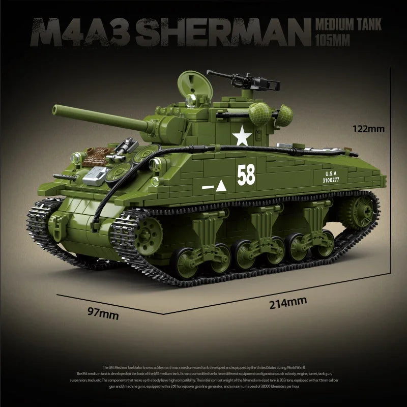 MOC M4A3 Sherman Medium Tank Building Blocks Bricks