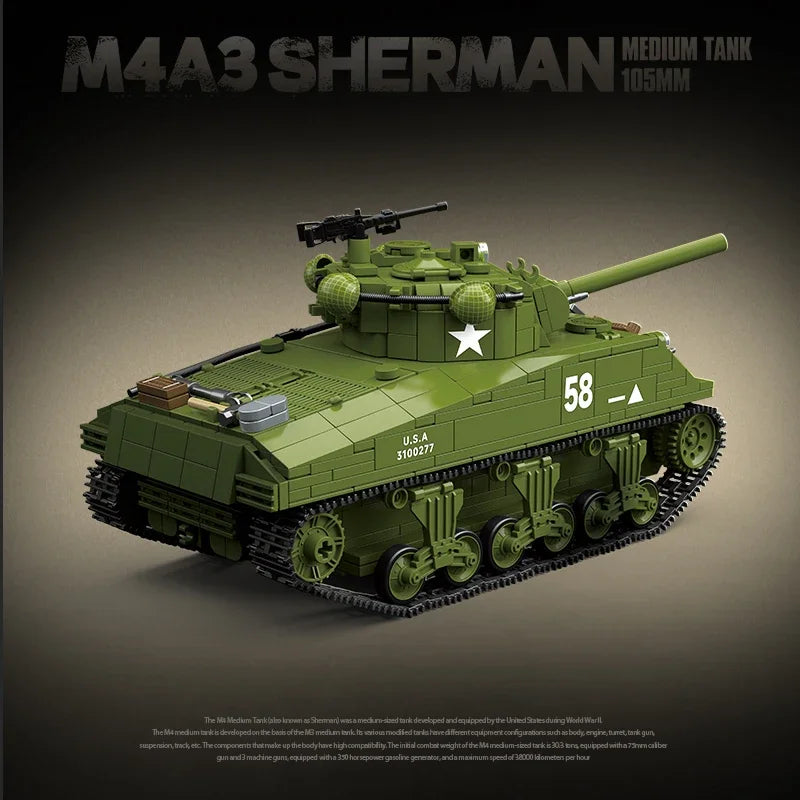 MOC M4A3 Sherman Medium Tank Building Blocks Bricks