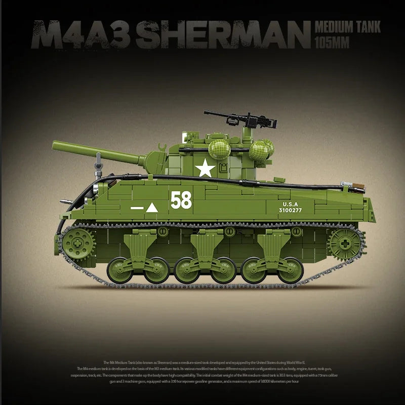 MOC M4A3 Sherman Medium Tank Building Blocks Bricks